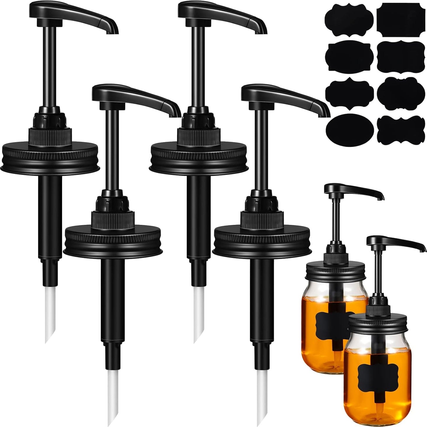 4 Pack Mason Canning Jar Syrup Dispenser Coffee Syrup Dispenser Pump Lids Set with Labels and Pen Honey Pump for 16 oz Regular Mouth Mason Canning Jars