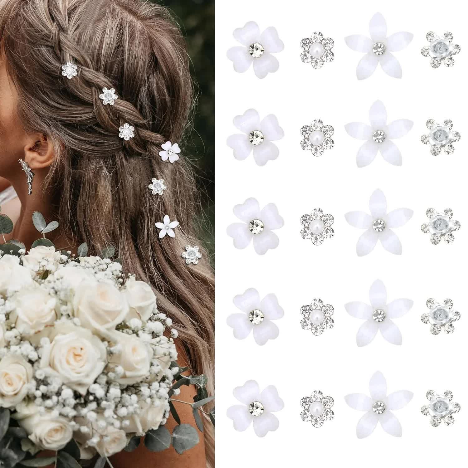 Mini Rhinestone Hair Pins - 20Pcs Cute Small Decorative Wedding & Bridal Barrettes With Flowers for Girls & Women (4 Flower Patterns)