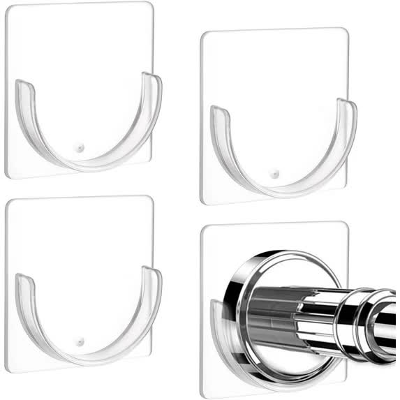 4 Pack Shower Rod Holder Adhesive No Drilling Transparent Shower Rod Holder Invisible Wall Mount Holder For Tension Rods Shower Curtain Rod Holders For Wall (Rod Not Included)