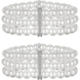 Pearl Cuff Bracelet 2pcs 1920s Imitation Pearl Bracelet Multi-Layered Elastic Bangle 3 Rows Faux Pearls Accent Off White Stretch Wrist Bracelet Vintage Pearl Bracelets For Women Bridal Wedding Jewelry