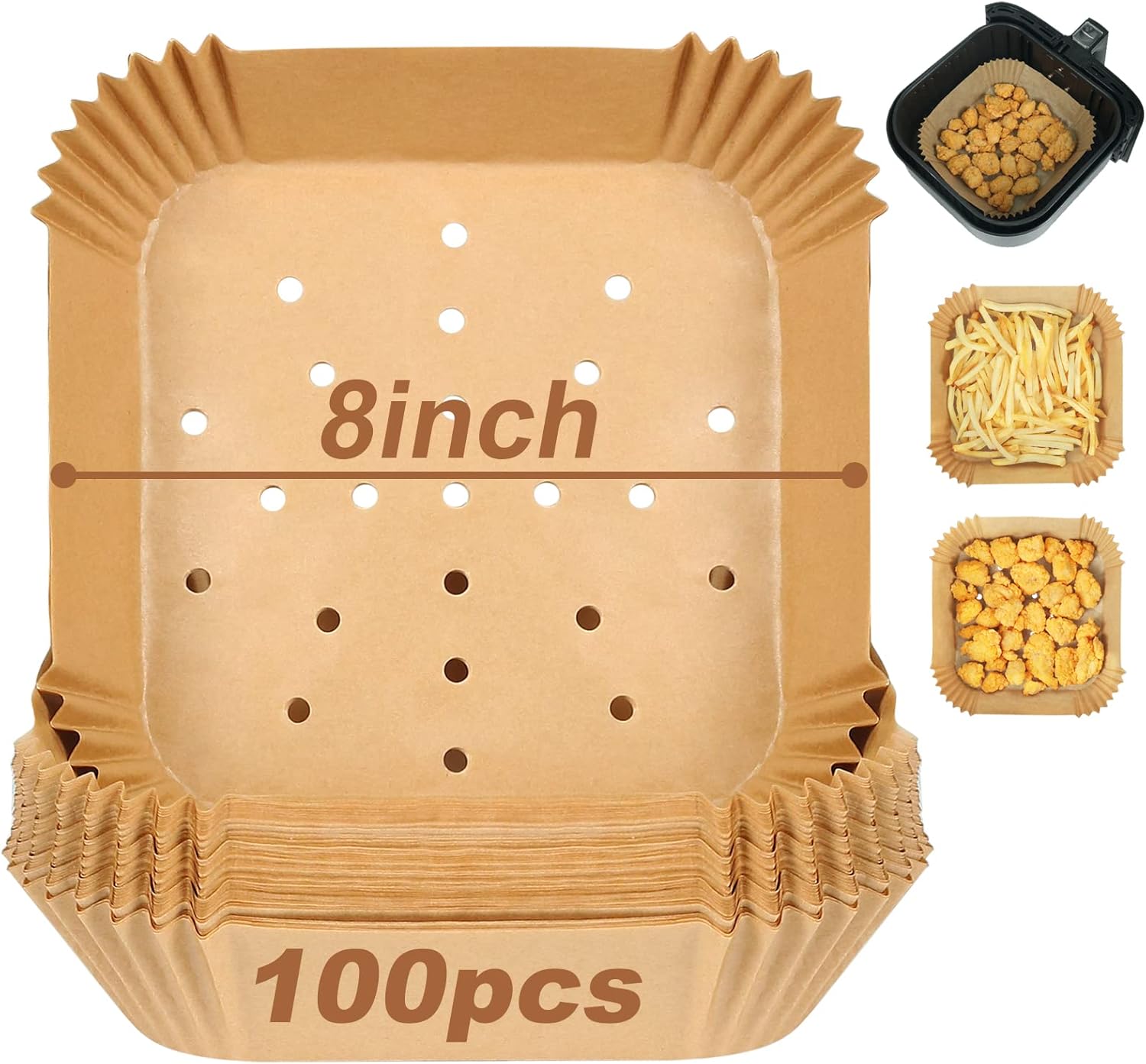Square Air Fryer Liners for 2 to 5 Qt, Set of 100, 8 Inch Perforated Square Air Fryer Parchment Paper, Air Fryer Filters for Basket, Compatible with Corsori, Instant Vortex, Dash and More