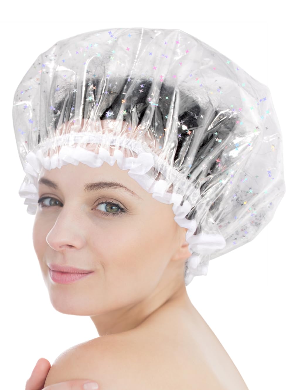 Luxury Shower Cap Reusable Waterproof for Women Sequin Lined Hair Cap for Shower Plastic Cap for Long Hair Large Double Layer Bath Cap Travel Essential & Cleaning Supplies