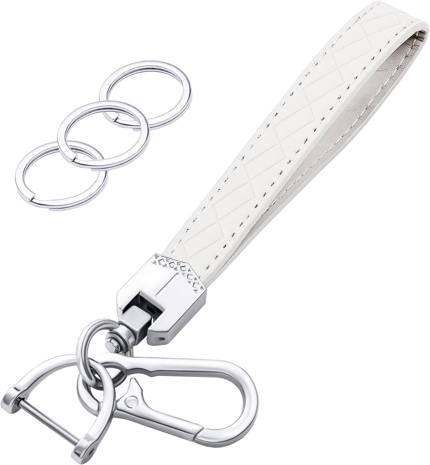 Leather Wristlet Keychain,Car Key Chain Wrist Keychain with 3 Key Ring and Anti-Lost D Ring (White Silver)