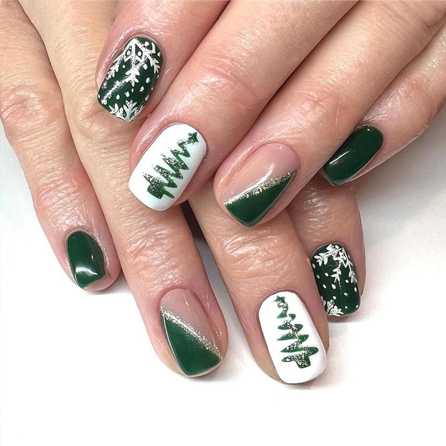 Christmas Press on Nails Short Square Fake Nails with Snowflake Gold Glitter Designs Green Press on Nails Full Cover Glue on Nails Glossy Winter Xmas Nails Artificial False Nails for Women 24 Pcs