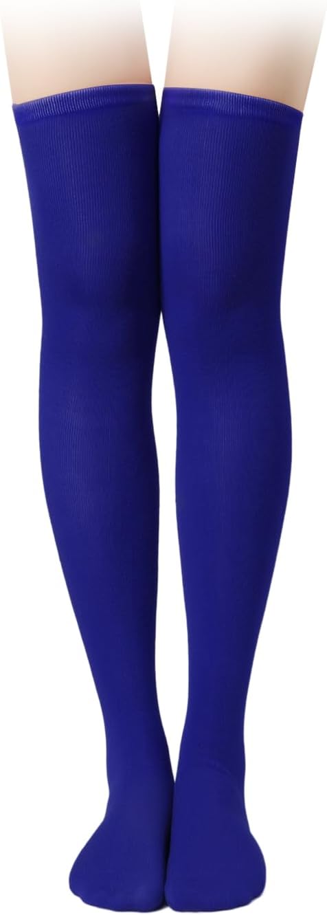 Royal blue thigh high socks shown on a white background.