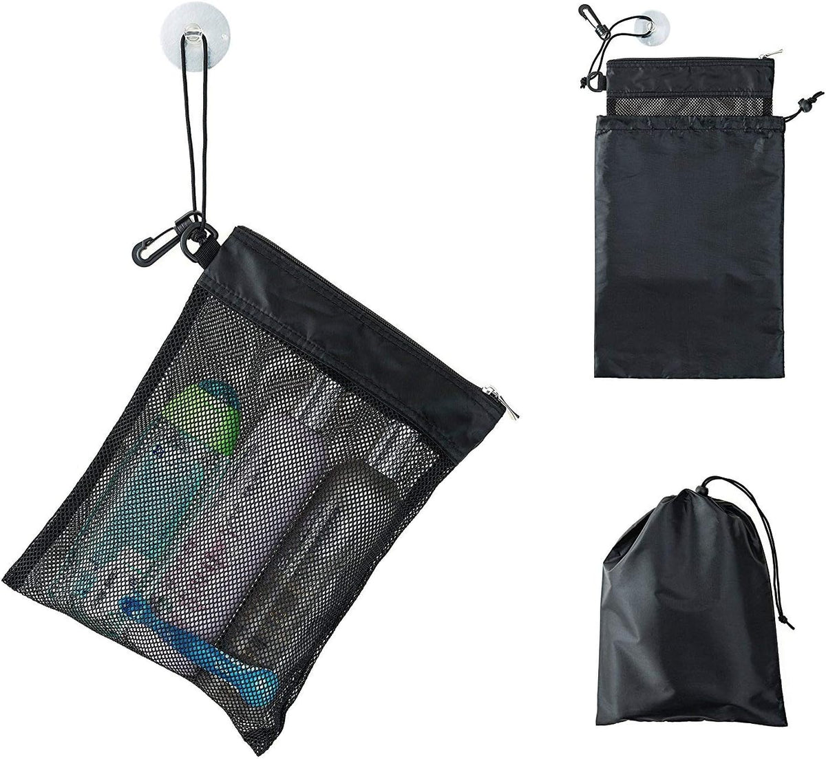Shower Bag Tote, Mesh Caddy Toiletry Organizer 12”L x 9”W, Compact and Lightweight With Suction Cup, Cord for Hanging, Zipper and Drawstring Pouch 14”L x 10”W, Black Black