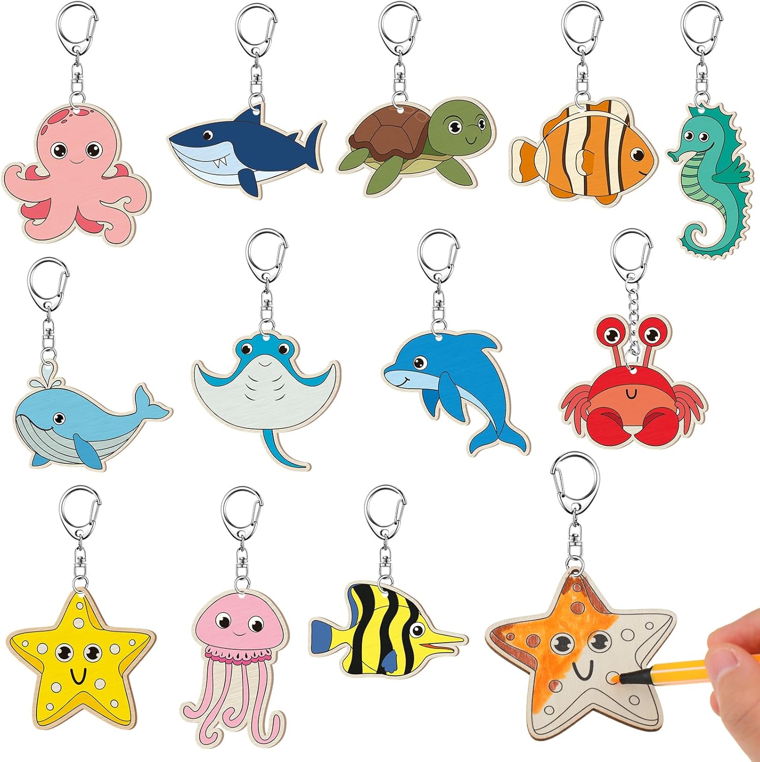 36 Pcs Sea Life Unfinished Wooden Keychains Color Your Own Unfinished Wooden Crafts Blank Wood Painting DIY Crafts for Home Activities Arts Project Decoration Sea Life