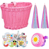 Pink purple children's bicycle basket with adjustable straps at the front