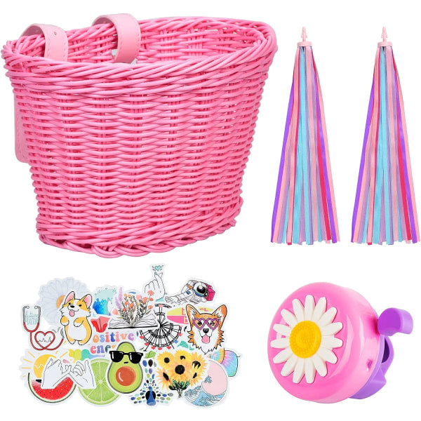Pink purple children's bicycle basket with adjustable straps at the front