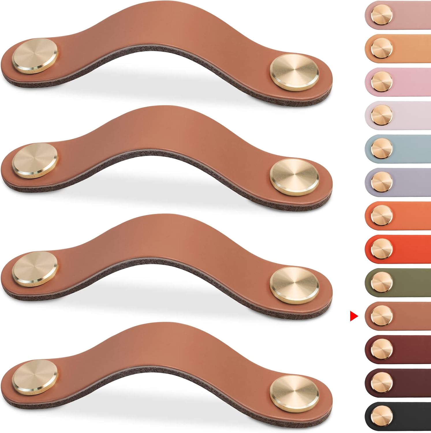 4 pcs Leather Furniture Handles, Cabinet Door Knobs in Leather, Drawer Handles, Vintage Furniture Handles for Cabinets, Dressers, Kitchens - Light Coffee, 128 mm
