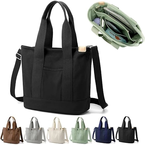 Handmade Canvas Shoulder Bag for Women Black Medium with Compartments Zipper College School Work Travel