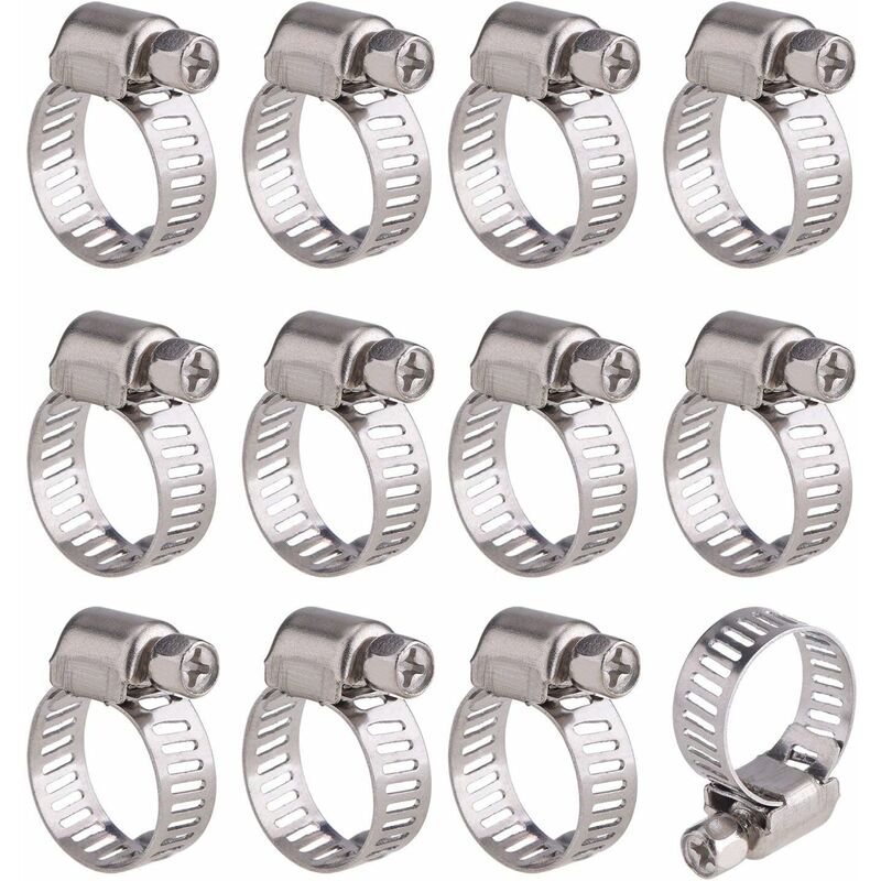 12 pcs Adjustable Stainless Steel Hose Clamp Pipe Clips Fastener (9-16Mm)