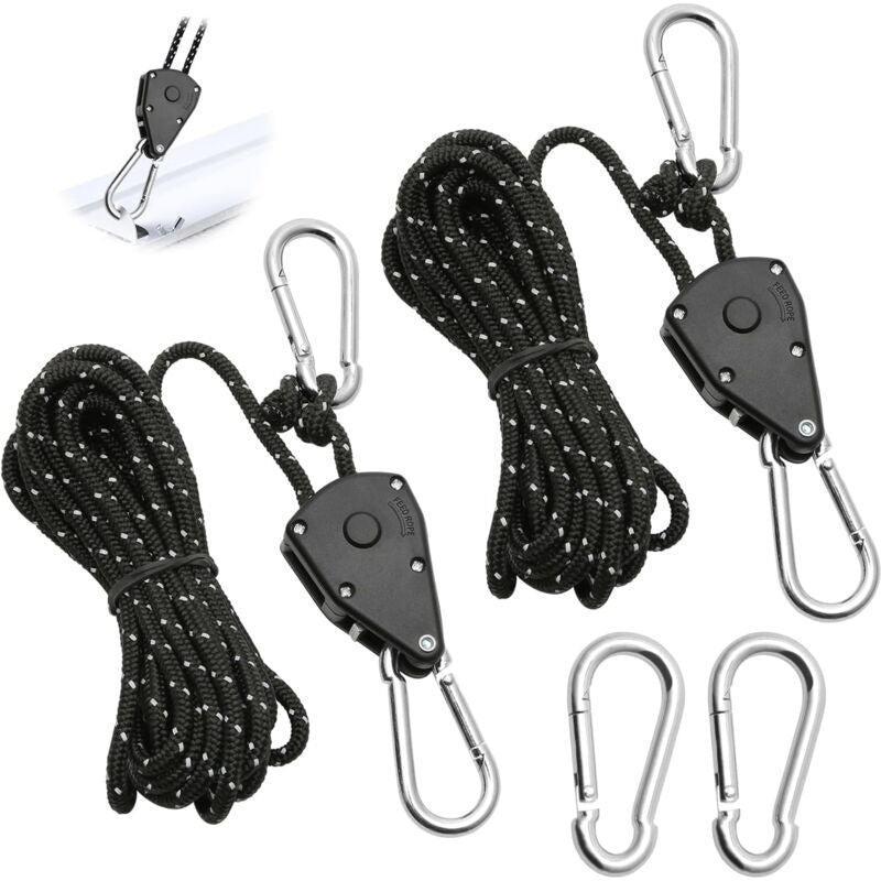 2 Pieces 4M Adjustable Ratchet ROpe, 1/8 Black Ratchet Pulley With 2 Replacement Hooks, Reflective Ratchet ROpe
