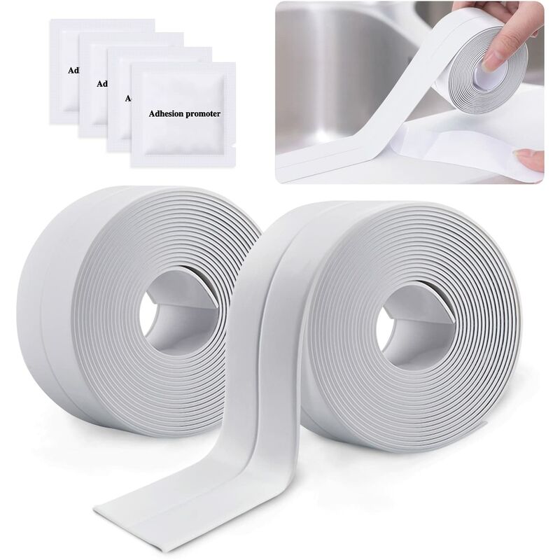 2 ROlls Waterproof Self-Adhesive Sealing Strip, Pvc Adhesive Tape For Wall, Shower, Toilet, Kitchen, Bathroom (White)
