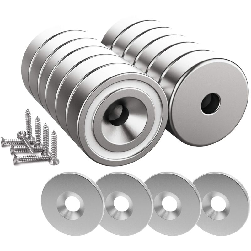 12 pcs Neodymium Magnets 10Kg Force 20 X 7Mm With Hole And Capsule, Countersunk Pot Magnet With Screws And 12 Steel