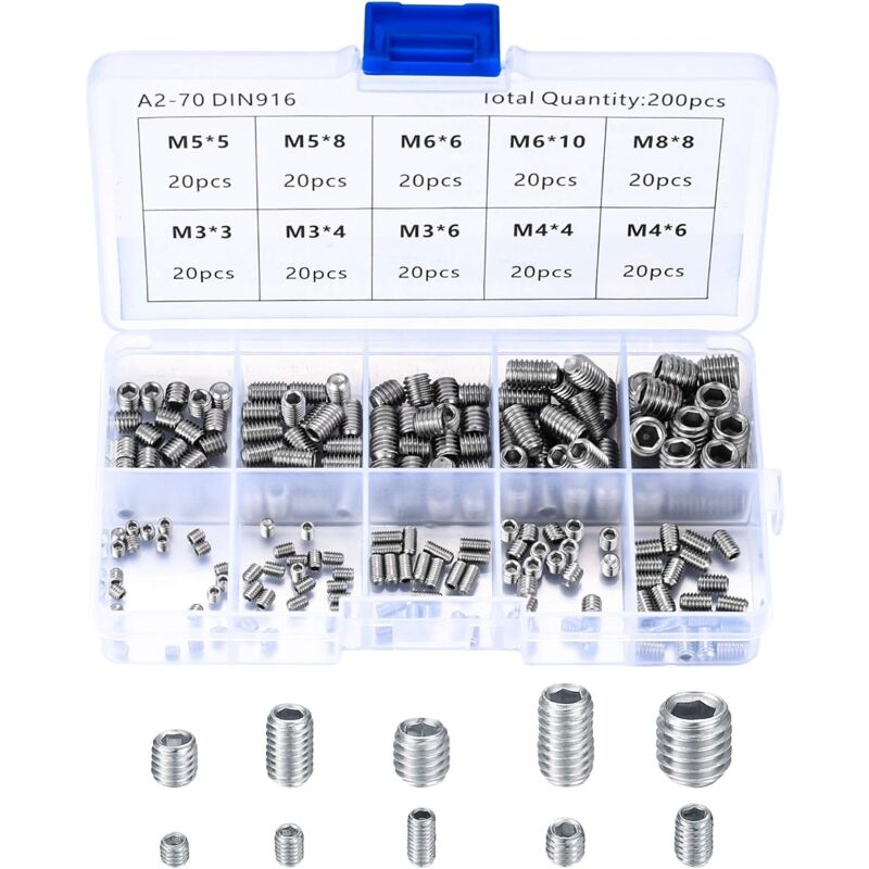 200 pcs Stainless Steel Grub Screws, M3 M4 M5 M6 M8 Machine Screws, Assortment Kit Fasteners Grub Screws