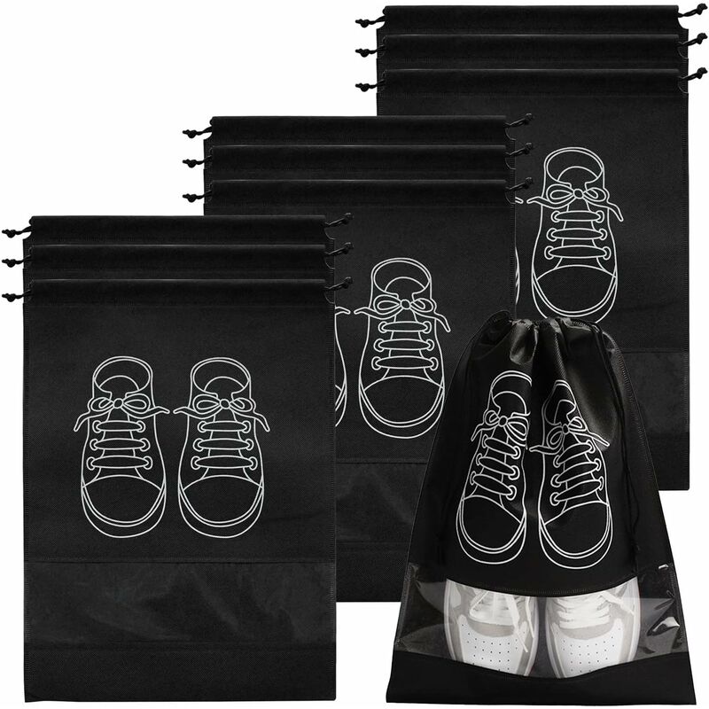 Travel Shoe Bag, Waterproof Dustproof Fleece Shoe Bag Set With Clear Window And Drawstring (32X44Cm) -10 pcs-Black