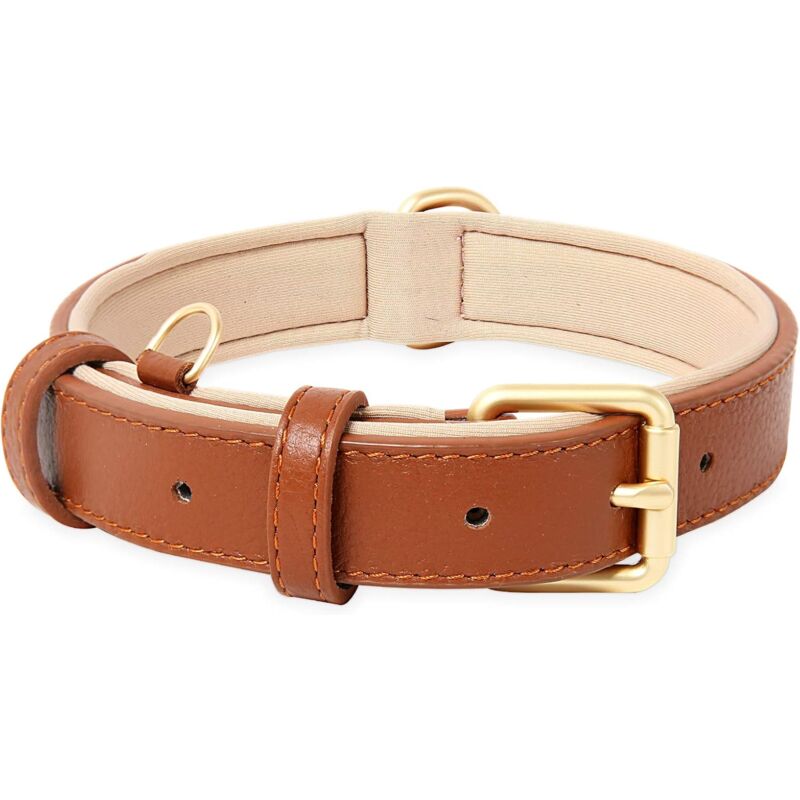 Leather Dog Collar, Adjustable Dog Collar Soft Padded Leather Cushion For Small, Medium Or Large Dogs, Brown, M