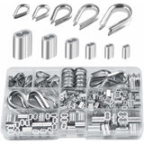 250 pcs 6 Sizes Aluminum Wire ROpe Thimbles Assortment Double Barrel Sleeves & 5 Size Thimbles For Wire ROpe