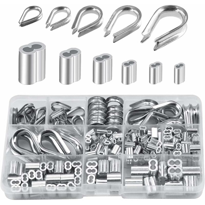 250 pcs 6 Sizes Aluminum Wire ROpe Thimbles Assortment Double Barrel Sleeves & 5 Size Thimbles For Wire ROpe