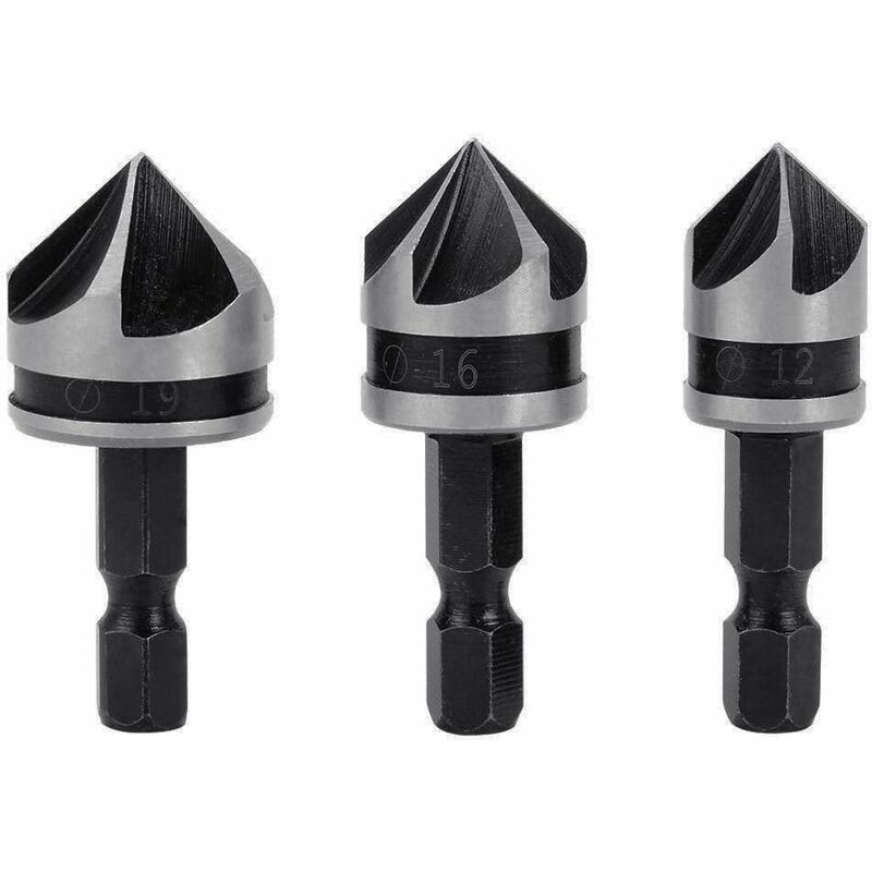 3 pcs 1/4" Hex Hcs Countersink Bit 5 Flute Countersink Drill Bits Countersink Bit 12Mm/16Mm/19Mm For Wood Metal