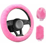 3 pcs Car Steering Wheel Cover Anti-Slip Elastic Pink Plush Universal Car Steering Wheel Cover With Handbrake And Gear