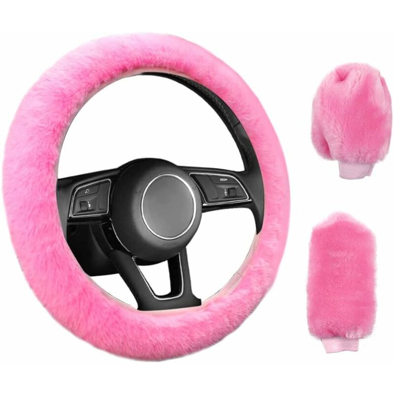 3 pcs Car Steering Wheel Cover Anti-Slip Elastic Pink Plush Universal Car Steering Wheel Cover With Handbrake And Gear