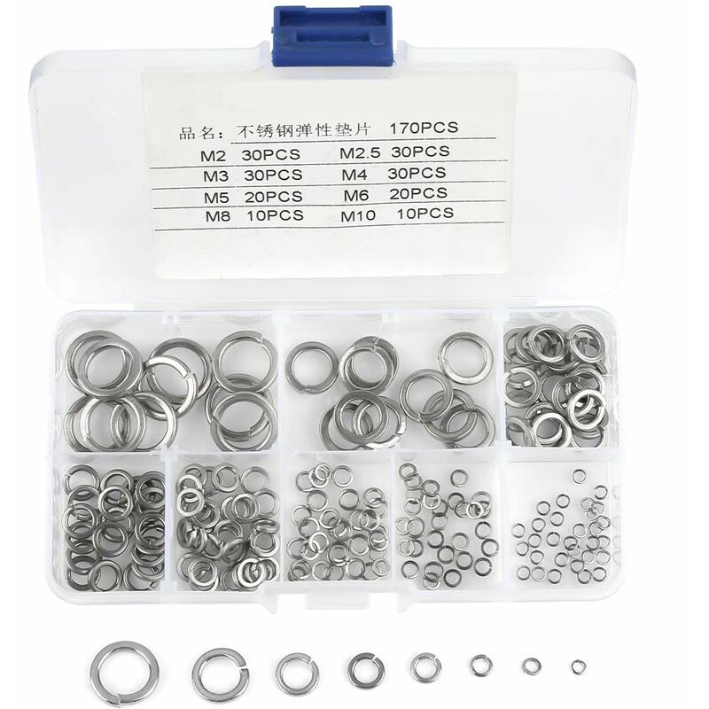 180 pcs 8 Size 304 Stainless Steel Spring Washer Assortment Kit, Spring Washers Kit M2.5 M3 M4 M5 M6 M8 M10