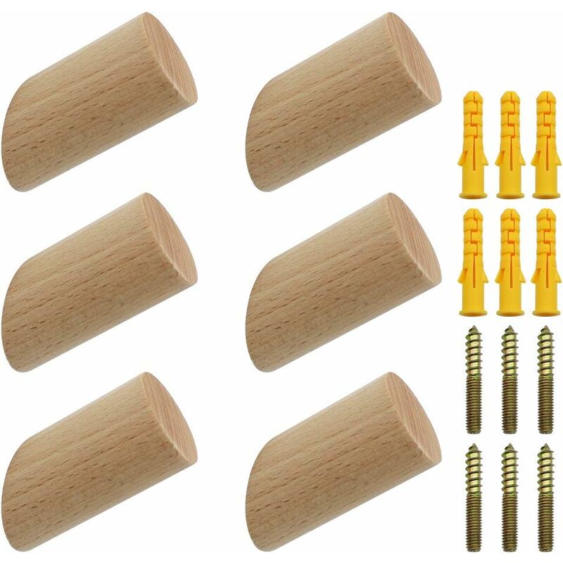 6 pcs Set Beech Wood Wall Hooks 3X6Cm Cylinder Wall Mounted Coat Hook Decorative Hook For Coat Hat Scarf Bag Towel -