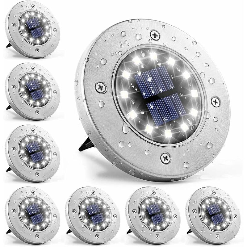 Light 12 LEDs 8 pcs White Solar Ground Lights Stainless Steel Waterproof For Outdoor Garden Patio Lawn Yard Walkway