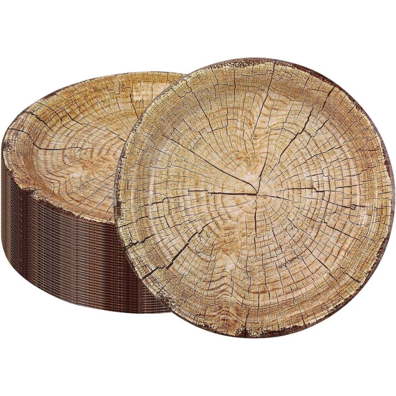 50 Pack 9" Rustic Wood Grain Paper Plates Disposable (Wood Grain 02)