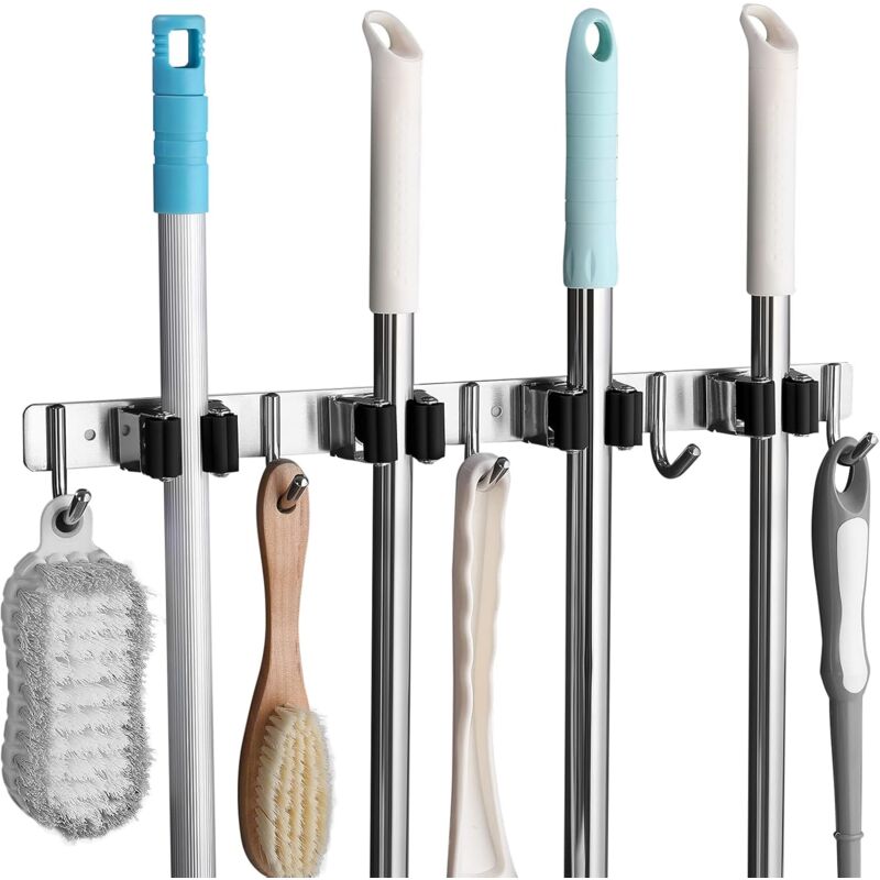 Stainless Steel Wall Mounted Broom Holder, Wall Mounted Broom Hanger With 4 Slots And 5 Hooks For Kitchen, Bathroom,
