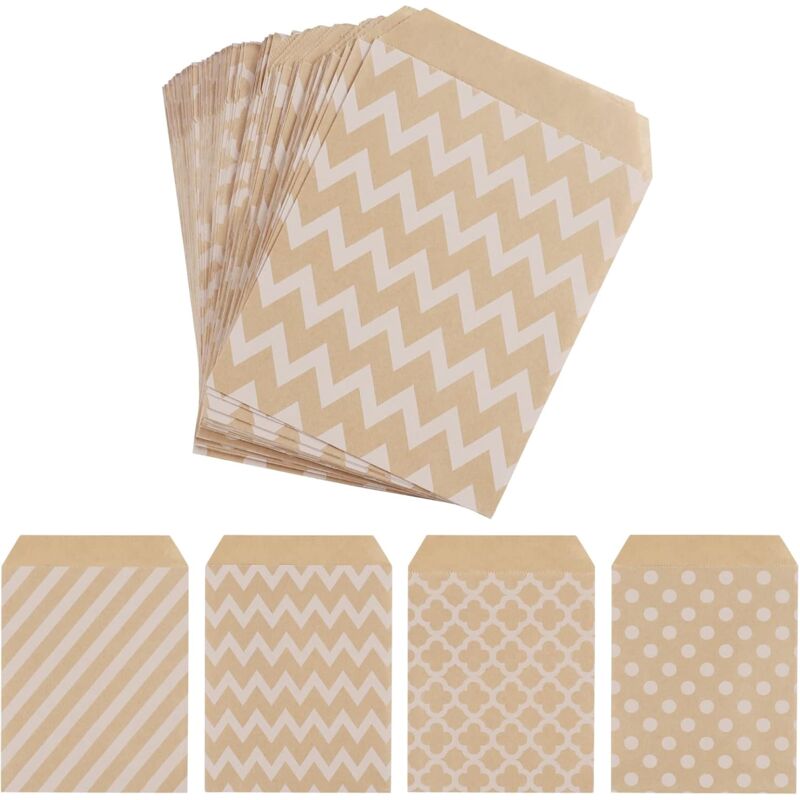 100 Pack Kraft Paper Candy Bags, Candy Cookie Favor Snacks Buffet Grocery Packaging, 4 Different Style No Wax Sweet