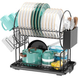 Black 2-Tier Kitchen Dish Drainer, Stainless Steel With Utensil Holder And Drip Tray