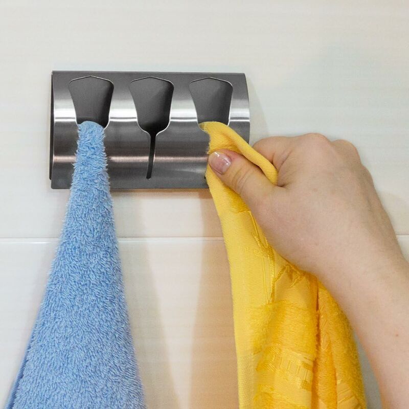 Adhesive Bathroom Towel Holder, Kitchen Towel Rack With 3 Brushed Stainless Steel Hooks, 10 Kg
