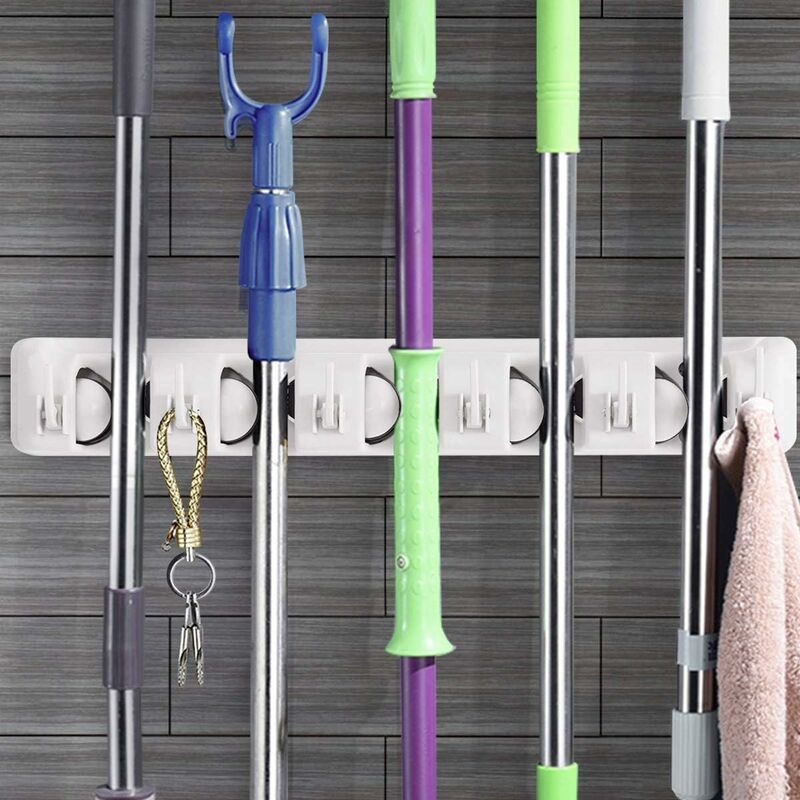 Wall Mounted Broom Holder With 5 Slots And 6 Hooks/Wall Mounted Broom Holder For Bathroom, Kitchen Or Garage - Light