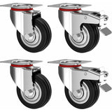 4 pcs Set 75Mm Swivel Castors With Brake - Furniture Castors Up To 50Kg Per Wheel - Heavy Duty - Rubber For Indoor And