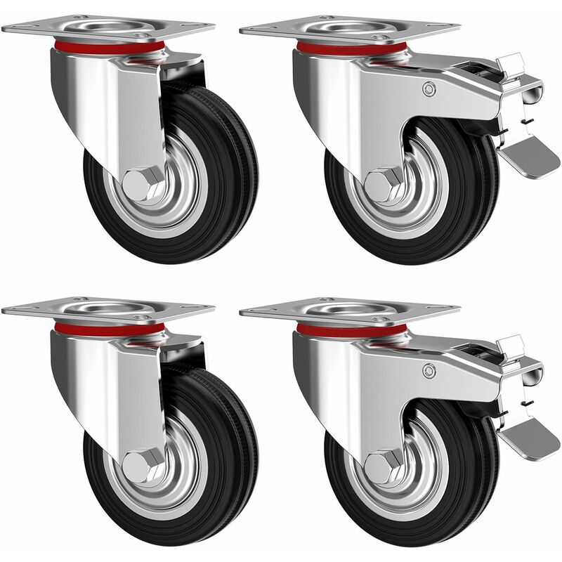 4 pcs Set 75Mm Swivel Castors With Brake - Furniture Castors Up To 50Kg Per Wheel - Heavy Duty - Rubber For Indoor And