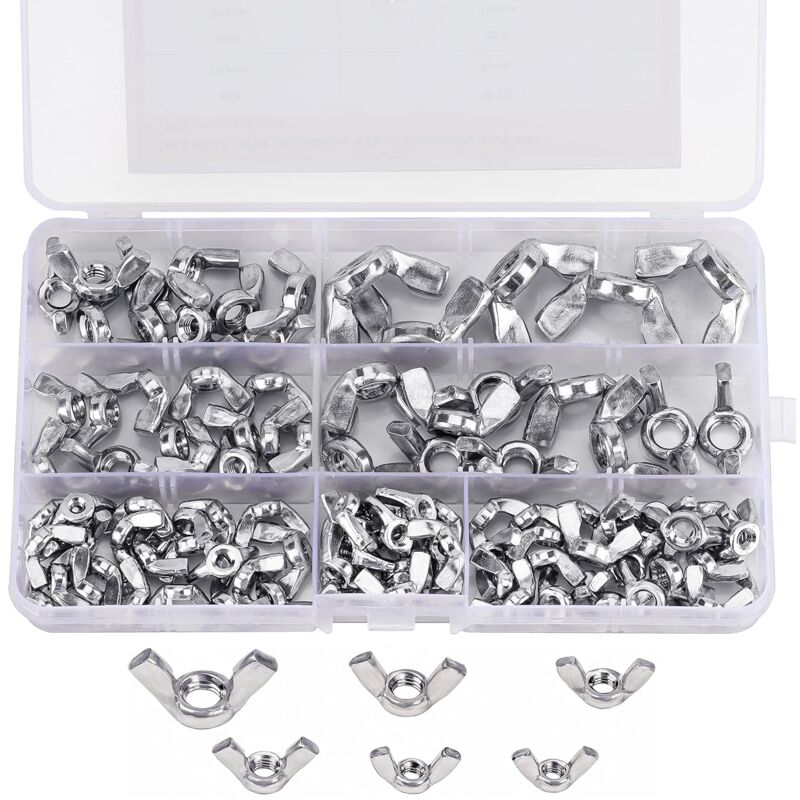 Wing Nut Assortment (100 Pieces) - Sizes M3, M4, M5, M6, M8 And M10 - 304 Stainless Steel Fastener Screws - Silver Wing