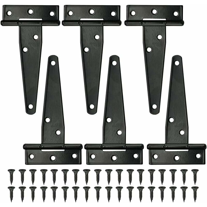 6 pcs Black T-Hinge Barn Door Hinge 4 Inch Exterior T-Hinges With 36 Screws Iron Door Hinges Heavy Duty Hinges For