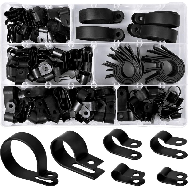 200 pcs Nylon Plastic R Clips Tube Clamps, 6 Sizes 3/16'' 1/4'' 3/8'' 1/2'' 3/4'' 11/8'' Fasteners For Conduit, Cable,