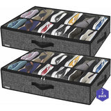 2 Pack Shoe Storage Bag With Clear Window - 12 Compartment Shoe Organizer For Under Bed Storage, Black Linen Fabric