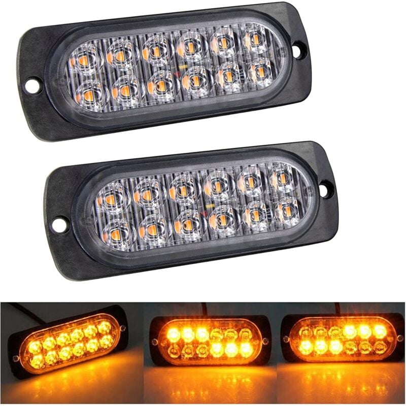 2 pcs 12 LED Amber Strobe Brake Light, 12V 24V LED Light Bar For Offroad Vehicle Car Van Boat Trailer Caravan, 3000K