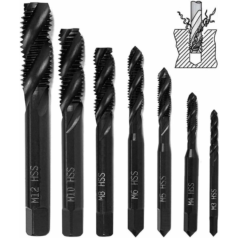 7 pcs Nitride Spiral Point Thread Taps, Hss 6542 Metric Machine Taper Shank Thread Tapping Tool M3 M4 M5 M6 M8 M10 M12