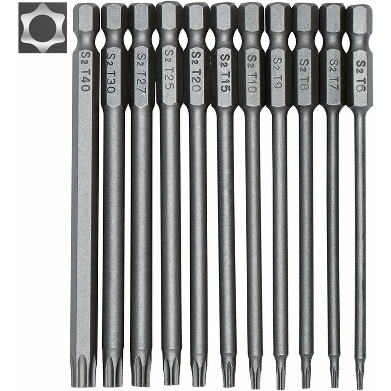 11 Piece Long Torx Screwdriver Bit Set - Magnetic Bits - 1/4" Hex Shank - Sizes T6 To T40 - 100Mm Length