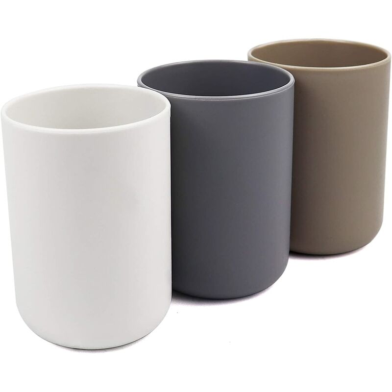 Bathroom Tumbler, Toothbrush Holder, 3 pcs Set, Food Grade Plastic, Absolutely Unbreakable (White, Gray, Brown)