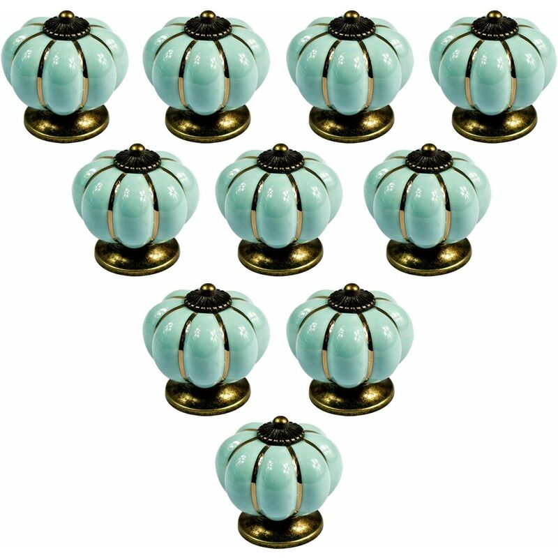 10 pcs Vintage European Style Ceramic Pumpkin Cabinet Knobs Dresser Cupboard Drawer Pull Handles Knobs, Light Blue
