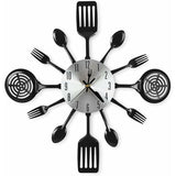 16" Large Kitchen Wall Clocks With Spoons And Forks, Great Home Decor And Nice Gifts, Black