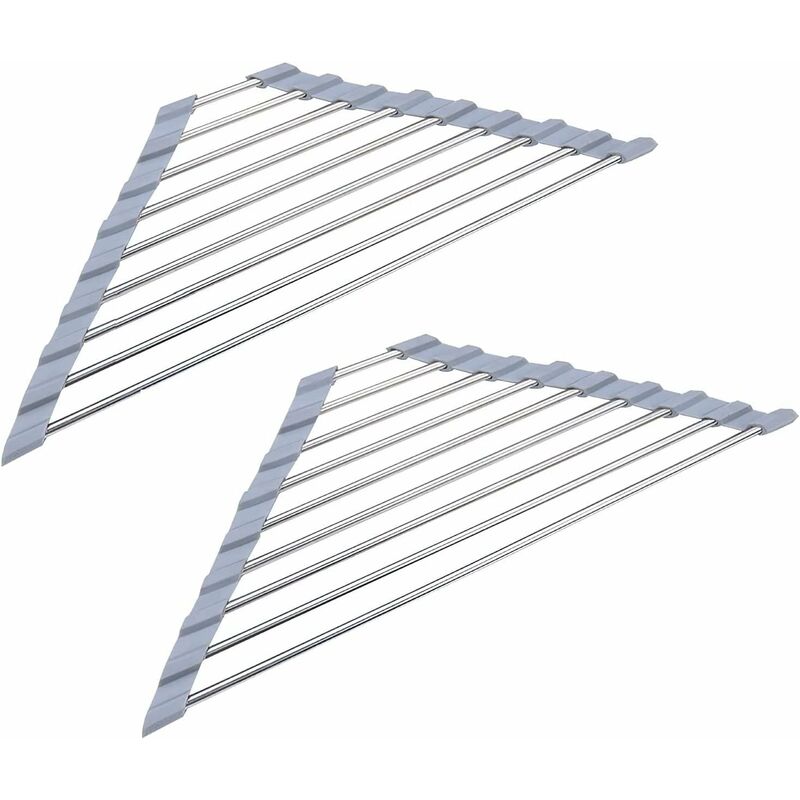 2 Pack Stainless Steel Foldable Triangular Drainer Rack For Kitchen Sink Non-Slip Grey