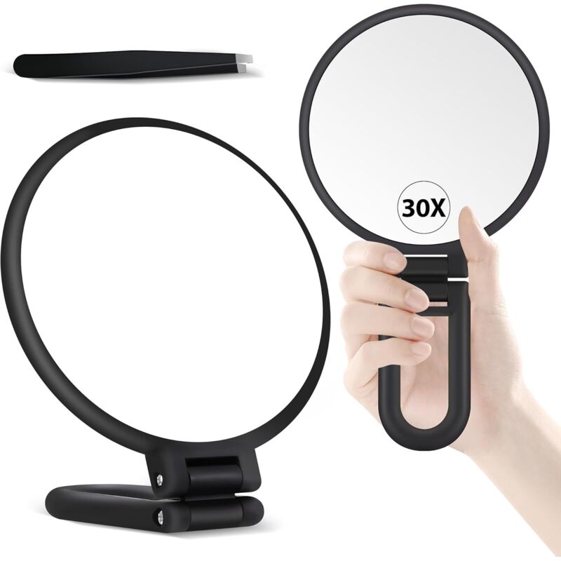 30X Magnifying Mirror, Hand Mirror With Handle, Double Sided Mirror With 30X/1X Magnification, Essential Travel Mirror
